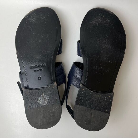 Roberto Cavalli Leather Sandals Blue Pebbled Crossover Strap Men’s 42 Italy US 9 - Picture 10 of 12
